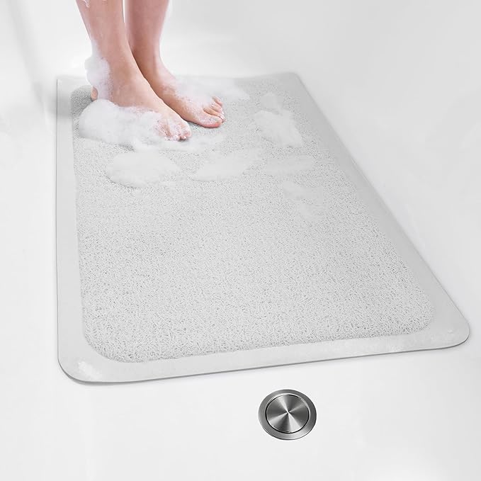 Mecko Non Slip Shower Mats,17x30 Inch,Anti-Slip Bathtub Mats with Suction Cups for Bathroom, Foot Scrubber Loofah Bath Mats for Shower, Quick Drying Shower Stall Mats for Wet Areas (White)