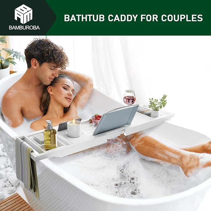 Foldable Bamboo Bathtub Caddy Tray Expandable for Luxury Bath, Bath Accessories & Table with Wine Glass Holder, Book Stand Bathroom Organizer with Extending Sides for Men/Women,White
