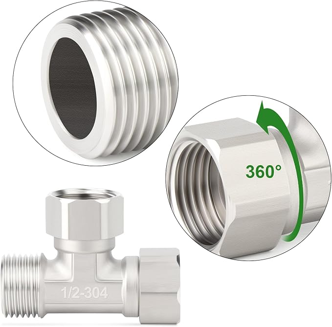 TAISHER 2PCS 304 Stainless Steel 3 Way Left&Top 2 Ends Flexible Movable Tee Connector, 1/2" Male for Sprayer, Angled Valve, Shower Arm