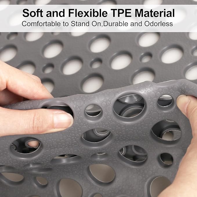 Anti Slip Shower Mat with Suction Cups,27x27 Inch Quick Drain TPE Non Slip Shower Mats for Inside Shower,Large Bath Mat for Shower Soft on Feet, Easy to Dry&Cut Machine Washable