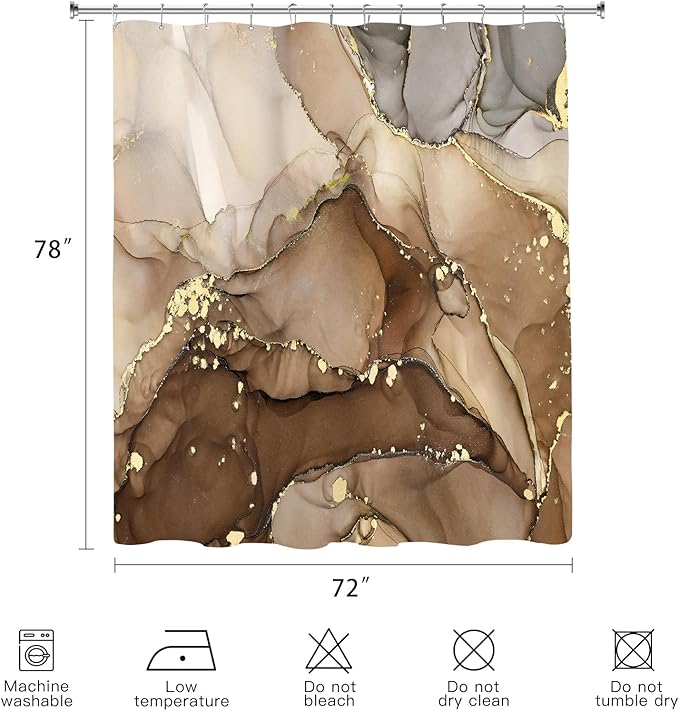 Long Shower Curtain 72 x 78 Inch, Tall Abstract Marble Shower Curtains for Bathroom Decor, Modern Luxury Art Decor Ink Texture Fabric Shower Curtain Set with Hooks, Brown