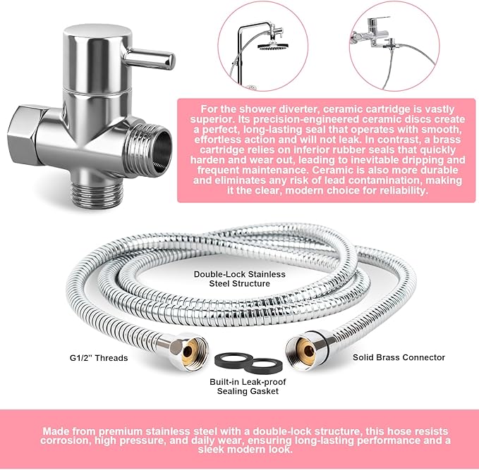 Dog Shower Attachment for Bathroom & Bathtub with 6.6FT Shower Hose, 8 Sprayer Modes Dog Washing Hose Attachment with Pet Grooming Glove Shower Diverter and Holder