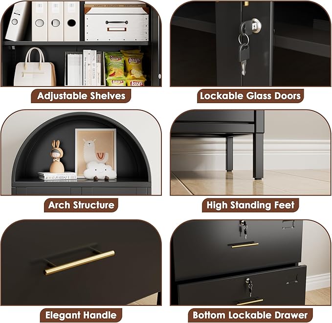 73''H Metal Arch File Cabinet, Black Arched Bookcase with Locking Glass Doors and Drawers,Filing Cabinet for Home Office,Assemble Required,Black