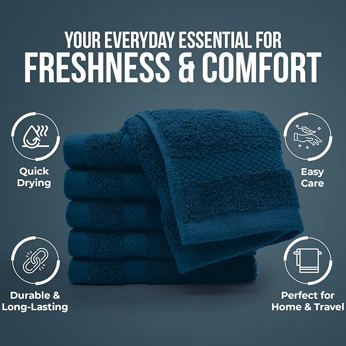 DAN RIVER 12-Pack Premium 100% Cotton Blue Opal Face Towels – Reusable Face Towel Set, Soft & Absorbent face Towel for Showering – Hand and Face Towels, 550 GSM (12x12 in)