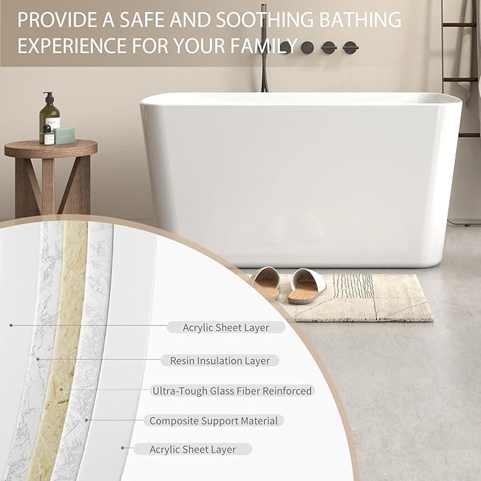 Abruzzo 49" Small Freestanding Bathtub - Square Acrylic Soaking Tub for Small Spaces, Japanese Style Deep Soak with Chrome Overflow & Quick Drain, Gloss White cUPC Certified Compact Bathtub