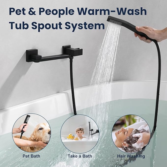 Wall Mount Bathtub Faucet Set Included 180°Swivel bathroom Tub Filler faucets and handheld Shower，high Flow Tub Spout with Solid Brass Push-button Diverter Pressure Balance Valve,Matte Black