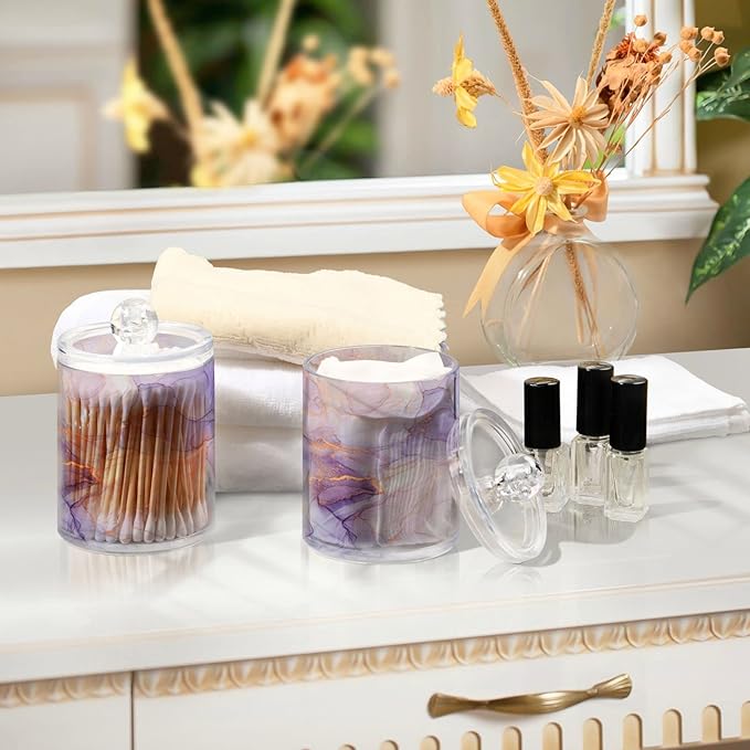 2 Pack Qtip Holder Organizer Dispenser Purple Transparent Waves Marble Bathroom Storage Canister Cotton Ball Holder Bathroom Containers for Cotton Swabs/Pads/Floss