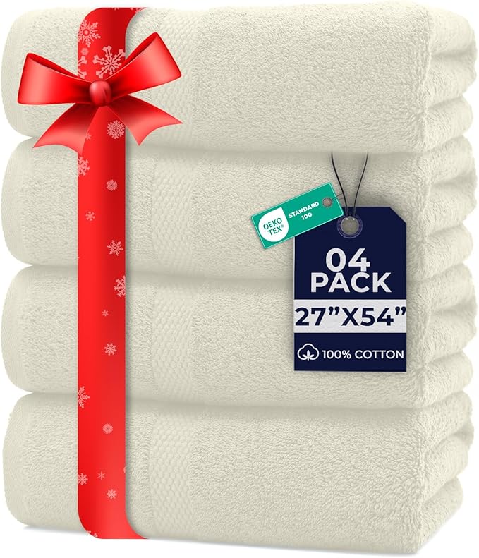 DAN RIVER Bath Towels Set of 4, 27 x 54 Inches, 100% Cotton, Larger & Lighter Weight, Quicker to Dry, Super Soft and Absorbent, Ideal Quick Dry Bath Towels for Daily Use, Ivory