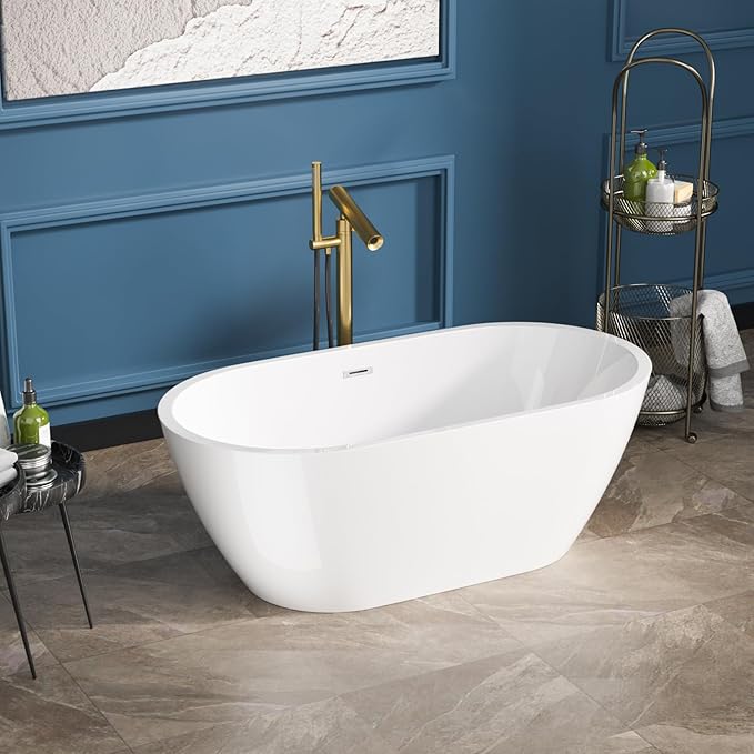 Sarlai 59 Inch Acrylic Freestanding Soaking Bathtub Contemporary Soaking White Tub Stand Alone Ergonomic Bathtub with Chrome Drain and Overflow
