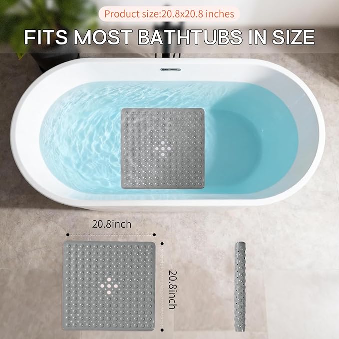 Anti-Slip Bathtub Shower mat, 20.8×20.8（Approximately 53×53cm） inch Soft Oversized Machine Washable Non-Slip Bathtub mat with Drainage Holes, Bathroom Floor Suction Cup.（1-Opaque Gray）