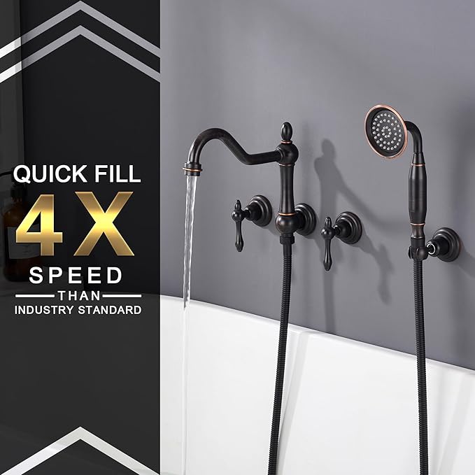 SUMERAIN Oil Rubbed Bronze Wall Mount Bathtub Faucet with Hand Held Shower, Classic High Flow Tub Filler, Rough-in Valve Included