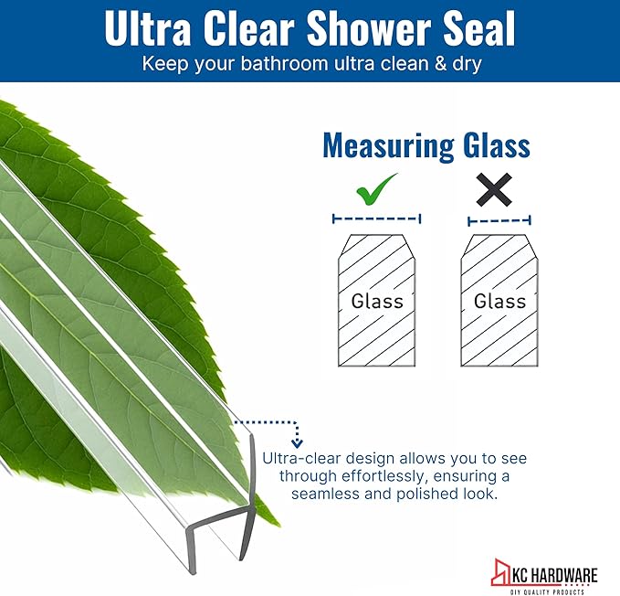 Frameless Shower Door Side Seal Strip H-Type 180 Degree 72inch Length, Clear (2, 3/8inch Glass)