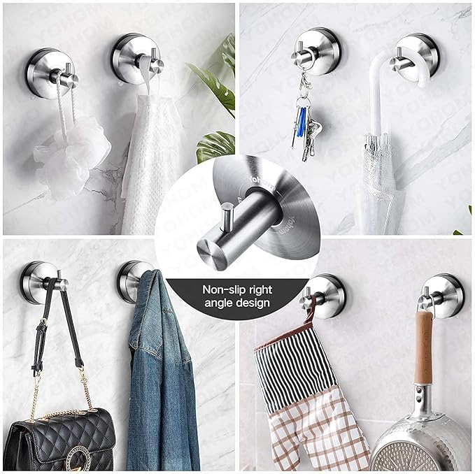 YOHOM Vacuum Suction Cup Hooks Shower Towel Holder Bathroom Shower Hook Brushed Stainless Steel Suction Towel Rack Kitchen Storage Organizer for Bathrobe Loofah Washcloth 4Pcs