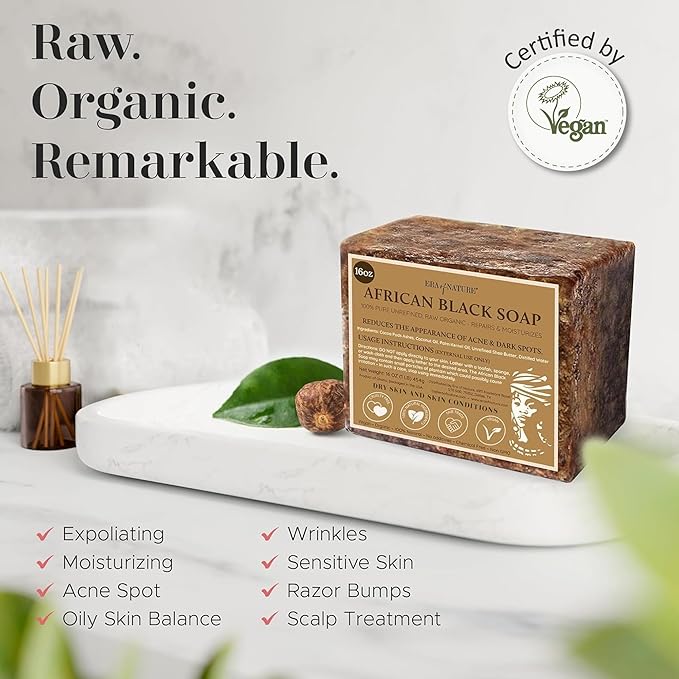 era of nature Best Raw ORGANIC AFRICAN BLACK SOAP, for Dry Skin and Skin Conditions. Pure & Natural Ingredients, Imported From Ghana - 2lb (32oz)