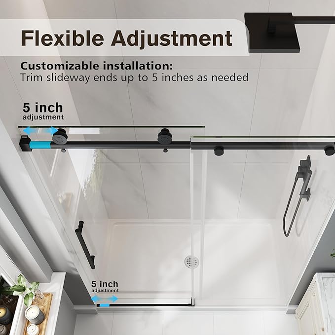 Frameless Glass Shower Door, 43-48" W x 76" H Sliding Frameless Shower Door, 1/4''(6mm) SGCC Tempered Glass, Explosion-Proof Film Nano Coating, Stainless Steel Hardware, Matte Black