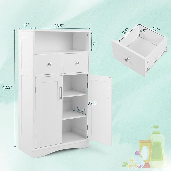 Tangkula Bathroom Cabinet, Floor Standing Storage Organizer w/2 Drawers & 2 Doors, 3-Position Adjustable Shelves, Anti-Toppling Design, Floor Cabinet for Bathroom (White, 2 Drawers & Cabinet)