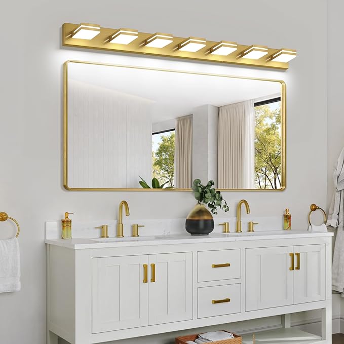 SineRise LED Modern Bathroom Vanity Light Fixtures (7-Light, 55-Inch), Brass Modern Acrylic Bathroom Wall Lighting Fixtures Over Mirror (Cool White 6000K)