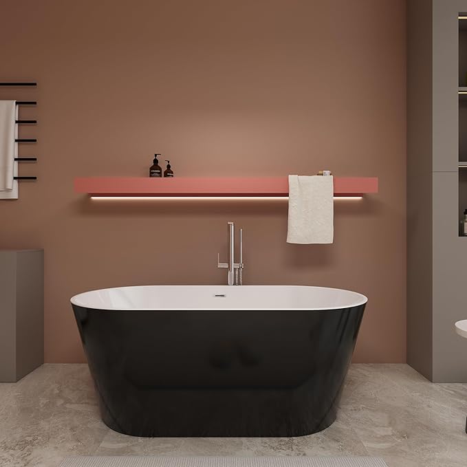 Black 67 inch Freestanding Soaking Bathtub, WHALEKING Modern Stand Alone Free Standing Acrylic Tub with Center Drain & Overflow