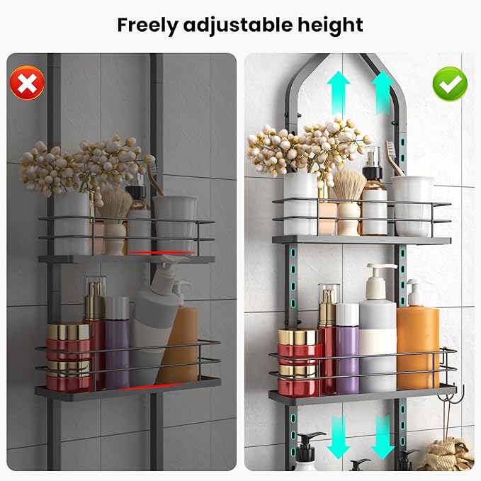 Shower Caddy Hanging, Adjustable Anti-Swing-Over The Shower Head Caddy, 3 Tier Height Bathroom Storage Organizer Bathroom Shelves Basket Rack Shower Caddies (3Tier)