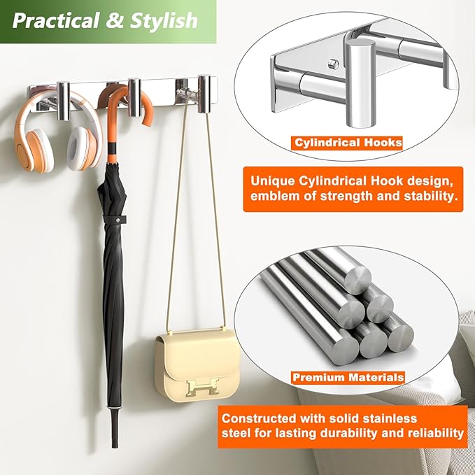 Wall Mounted Coat Rack-3 Hooks, Heavy Duty Stainless Steel Wall Hooks for Towel Coat Bag, Hat Rack Coat Hanger Coat Hooks Towel Racks for Bathroom Entryway Kitchen Hotel (Glossy, 1 Pack)