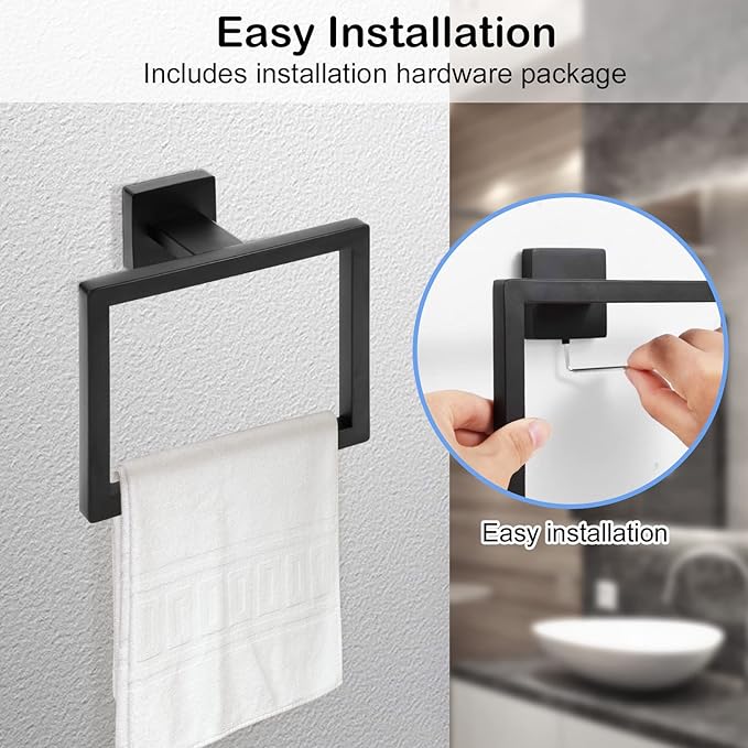 Matte Black Towel Ring,Square Hand Towel Holder,Towel Hanger, Bathroom Hardware Accessories,Stainless Steel Wall-Mounted Towel Hoder