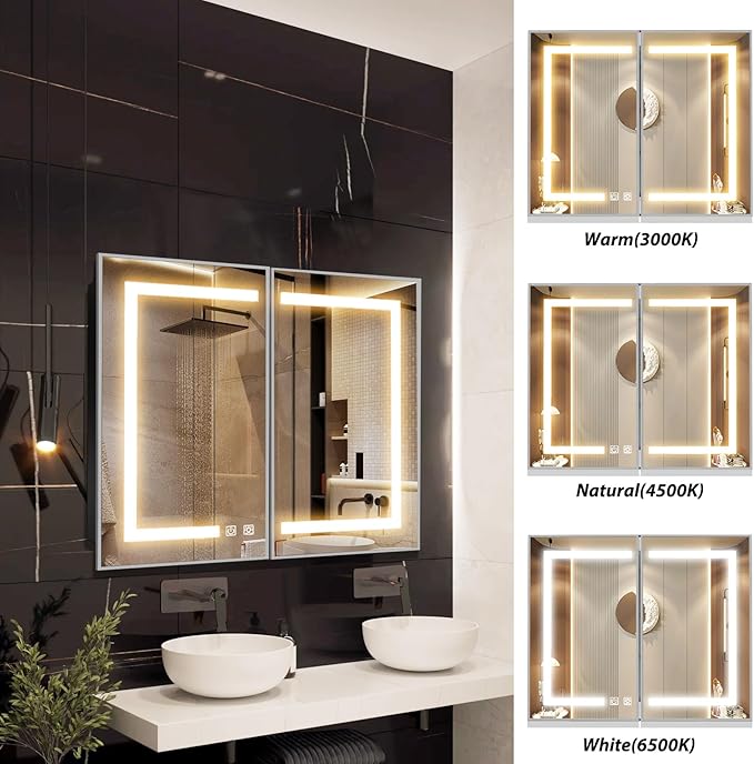 APRILSOUL 40X32 Inch Silver Bathroom Medicine Cabinet with Mirror, Recessed or Surface Lighted Medicine Cabinet with 3 Colors Temperature, Dimmable Light