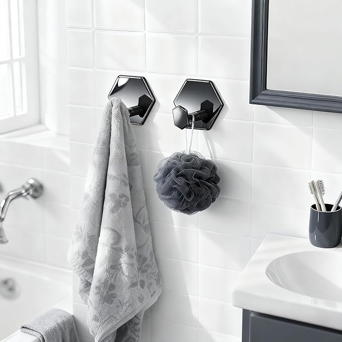 Tindbea Adhesive Towel Hooks Heavy Duty Wall Hooks Waterproof Stainless Steel Shower Rack for Coat, Key, Hat, Robe, Clothes, Picture Hanging Towel Hooks for Bathrooms Kitchen Door (4-Pack, Black)