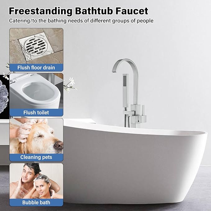 Freestanding Tub Filler, Floor Mount Bathtub Faucet with Hand Shower, High Flow 360° Swivel Spout Shower System for Bathtub, Brushed Nickel