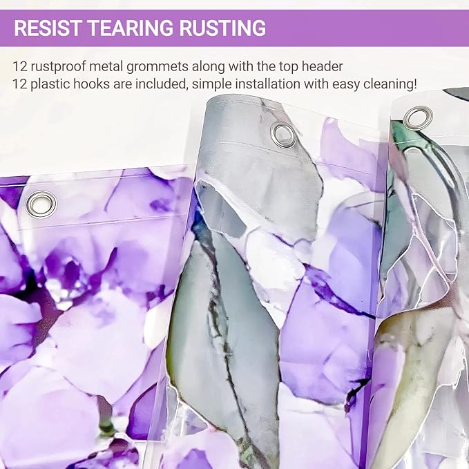 Clear Purple Floral Lavender Butterfly Shower Curtain, Plastic Transparent Cute Pretty Flower Decorative Aesthetic Shower Curtains for Bathroom, 72x78 Weighted Magnetic Shower Curtain Liner with Hooks
