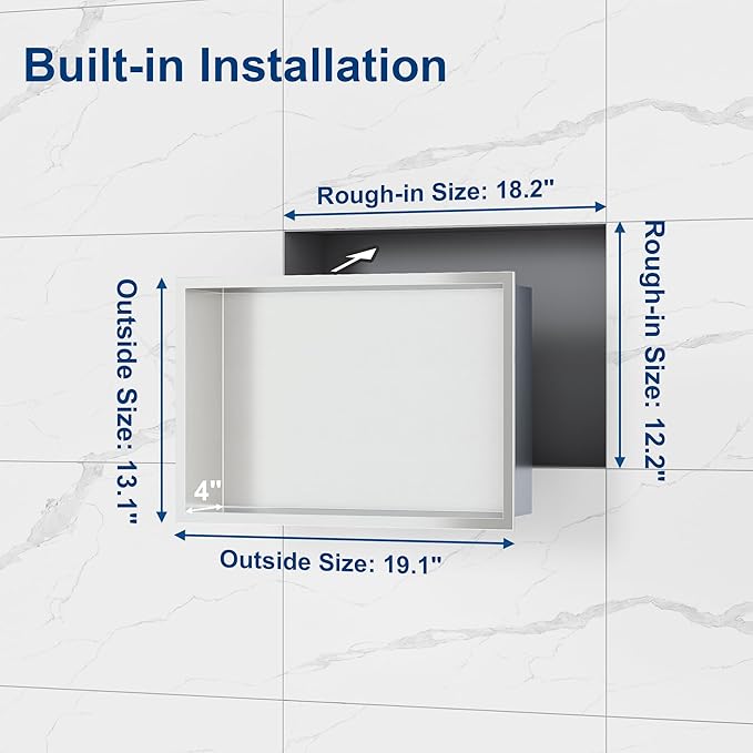 Neodrain Shower Niche, Bathroom Shelf Inner Size 18" X 12", Brushed Stainless Steel Bathroom Wall Niche Cubby, No Tiled Recessed, Stainless Shelf for Storage