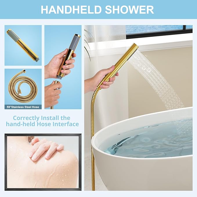 Freestanding Bathtub Faucet, Floor Mount Bathtub Faucet with 2 Water Outlet Modes, Swivel Gooseneck Spout with Hand Shower, Brass Single Handle Tub filler, Max Flow Rate 7.4 GPM, Gold