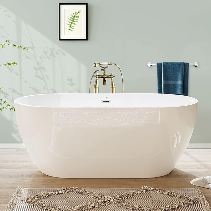 FerdY Bali 59" Acrylic Freestanding Bathtub,Gracefully Shaped Freestanding Soaking tub, Glossy White, cUPC Certified, Chrome Drain & Classic Slooted Overflow Assembly Included
