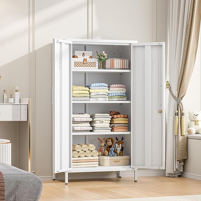 Tall Narrow Storage Cabinet 51.18" H Bathroom Cabinet Metal Pantry Cabinets, 3 Adjustable Shelves for Kitchen, Home Office, Living Room, Dinning Room (30 inches Wide White)