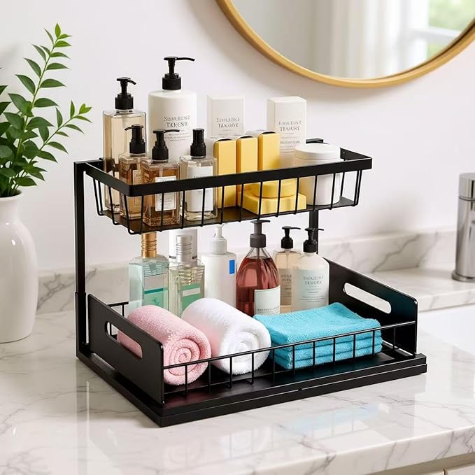 Under Sink Organizer Pull Out Kitchen Sink Organizer, 2 Tier L-Shape Bathroom Organizers and Storage with Sliding Drawer for Kitchen Bathroom Pantry (Black, 1 Pack)