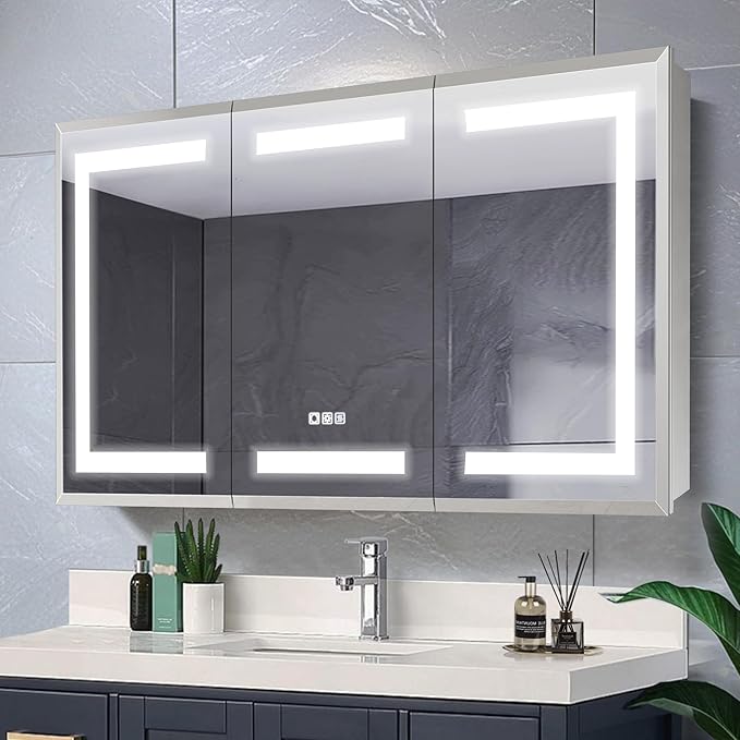 GroGro LED Lighted Bathroom Medicine Cabinet with Mirror, 48" W x 24" H Beveled Edge Medicine Cabinet with Lights,Surface or Recessed Mounting,Defog,Dimming,3-Color Temperature Adjustment