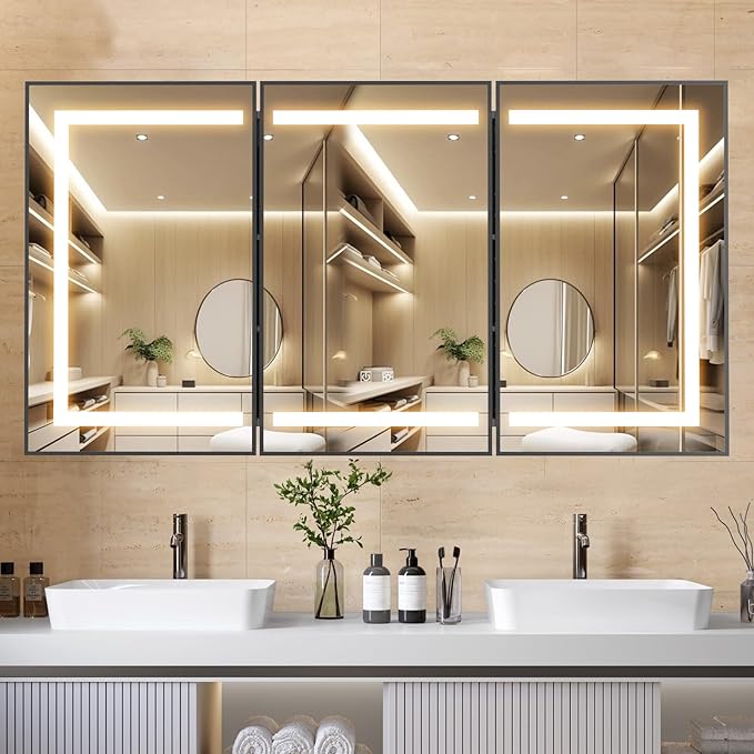 APRILSOUL 48X32 Inch Black Bathroom Medicine Cabinet with Mirror, Recessed or Surface Lighted Medicine Cabinet with 3 Colors Temperature, Dimmable Light