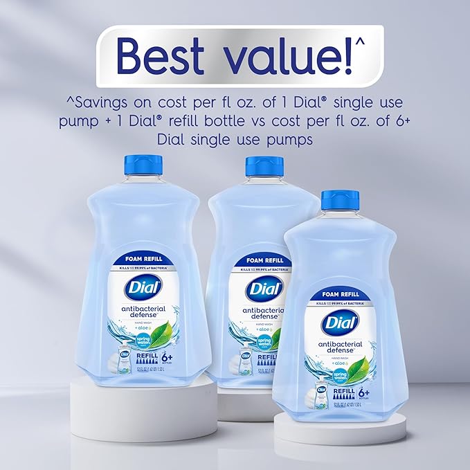 Dial Antibacterial Defense Foaming Hand Soap + Aloe, Spring Water Scent, 52 Fl Oz Hand Soap Refill, Dermatologist-Tested, Gentle on Skin
