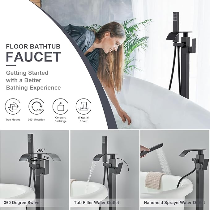Senlesen Matte Black Free Standing Tub Faucet Floor Mounted Tub Filler Faucet Brass Bathroom Tub Faucets with Hand Shower