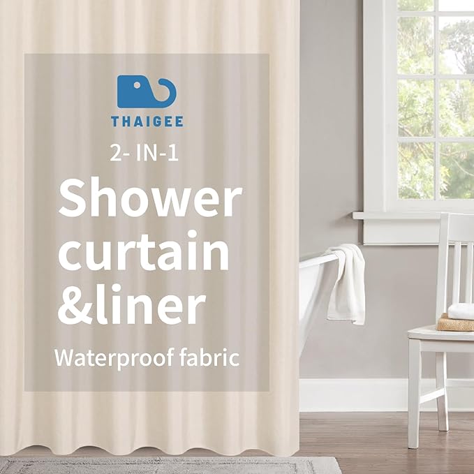 2-in-1 Waterproof Fabric Shower Curtain or Liner,Linen Textured,Breathable TPU & Washable Bathroom Shower Curtain Set with 12 Plastic Hooks,Modern,72"x72" Cream
