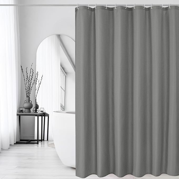 Gibelle Extra Long Shower Curtain 72 x 84, Tall Waffle Weave Textured Fabric Shower Curtain for Bathroom, Water Repellent, Machine Washable, Grey