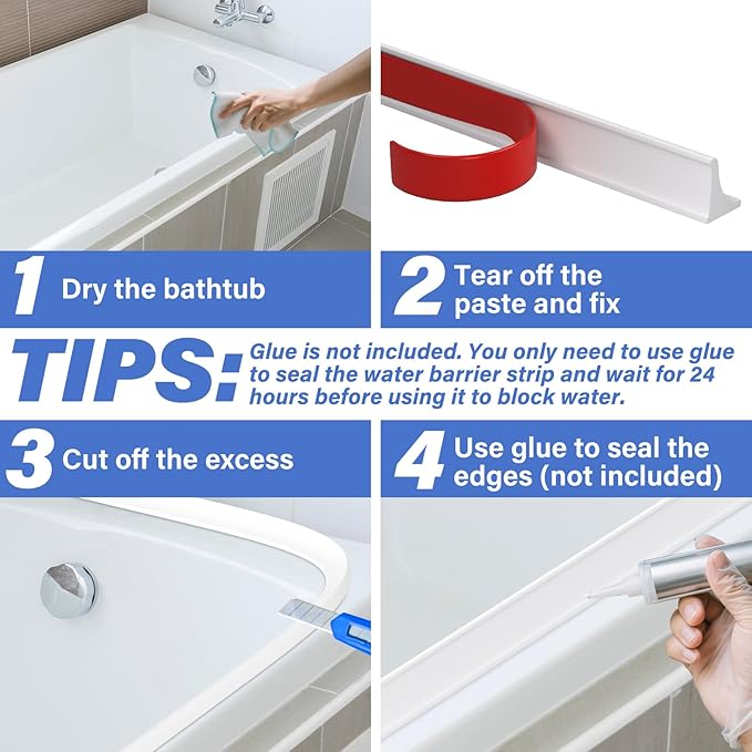 118 Inch Shower Splash Guard for Bathtub Waterproof Self-Adhesive Shower Corner Guards Tub Water Splash Dam Barrier for Bathtub Rim Sinks and Kitchen Countertop