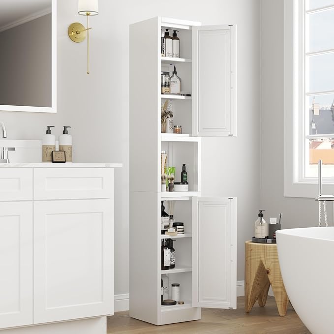 Tall Narrow Storage Cabinet 66.93" H Tall Bathroom Cabinets Metal Pantry Cabinet, 4 Adjustable Shelves for Kitchen, Home Office, Living Room, Dinning Room (11.8 inches Wide White)