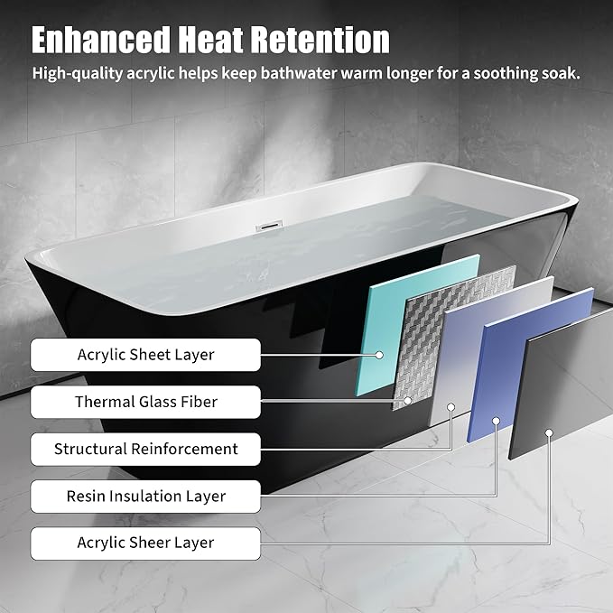 Freestanding Bathtub – 59 Inch Acrylic Soaking Bathtub, Black & White Free Standing Tub with Integrated Overflow & Pre-Installed Drain, Modern Freestanding Tub for Relaxing Home Bathrooms
