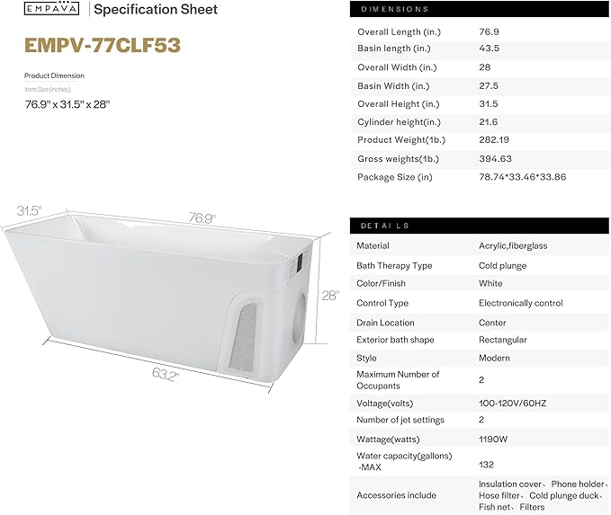 Empava Cold Plunge Tub with Water Chiller – Smart Ice Bathtub, 37°F–86°F Cooling, Dual Safety Drains, Built-in Filtration,77 Inch, UL Certified