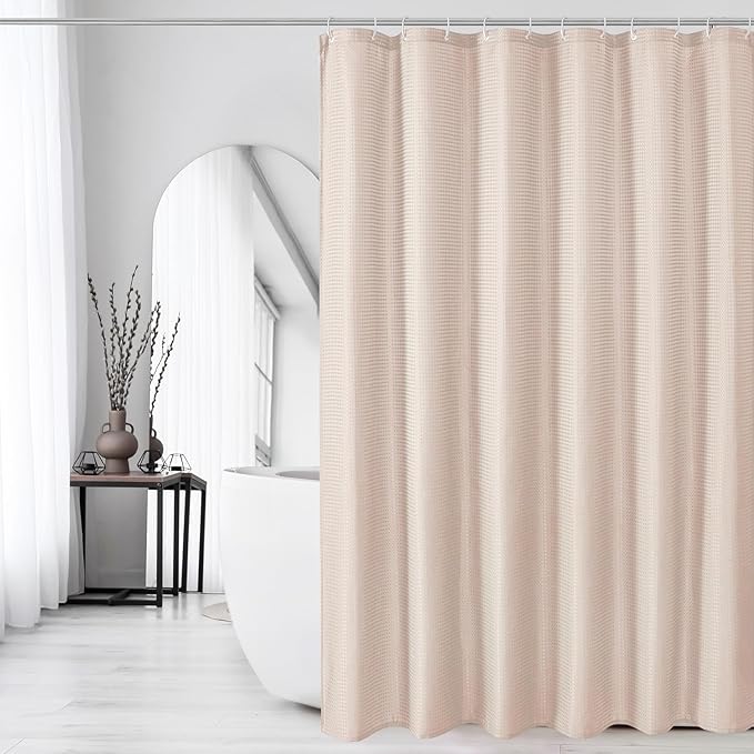 Gibelle Extra Long Shower Curtain 72 x 84, Tall Waffle Weave Textured Fabric Shower Curtain for Bathroom, Water Repellent, Machine Washable, Blush Pink
