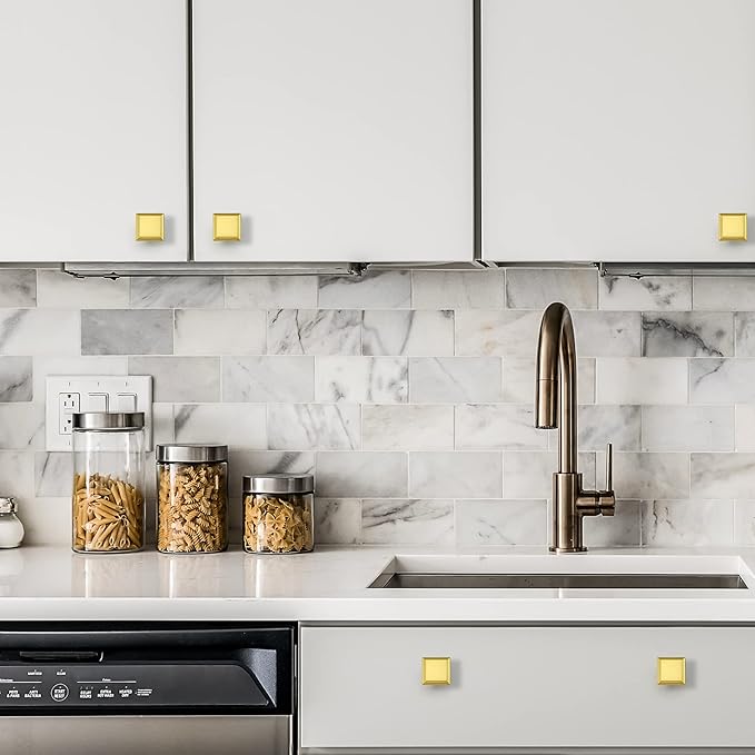 Ravinte Hardware 15 Pack Kitchen Cabinet Pulls Square Drawer Single Hole Handles Brushed Brass for Cupboard Gold Dresser Solid