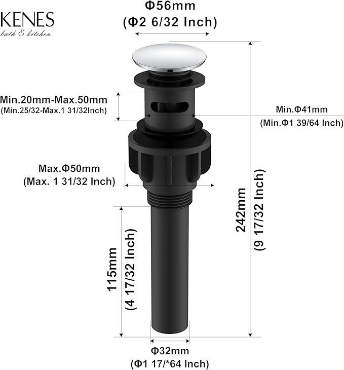 KENES Chrome Bathroom Pop Up Sink Drain with Overflow, Lavatory Bathroom Vanity Sink Drain Stopper, Sink Drain Assembly with Overflow Anti Clog Pop Up Drain