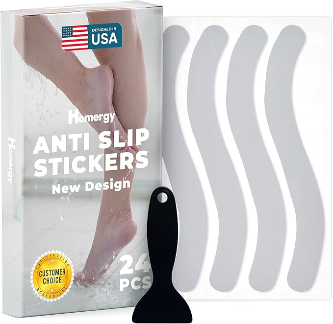 Anti-Slip Shower Stickers - Help Reduce Slipping in Bathtub & Shower, Gray Non-Slip Bath Strips, Strong Adhesive Bathtub Appliques Suitable for Homes with Kids, Adults & Seniors - 24 Pcs - Homergy