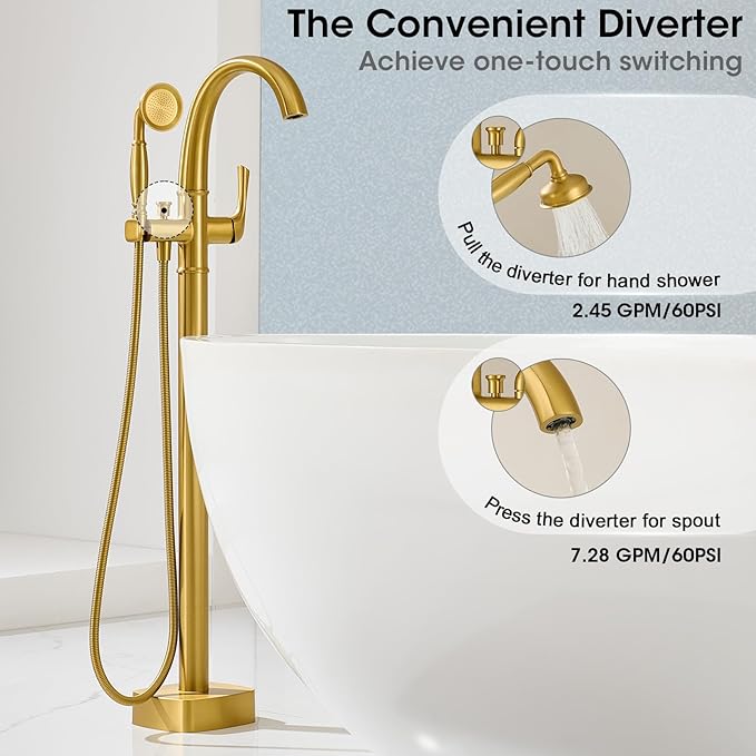 Free Standing Tub Faucet, Jabbol Luxury Freestanding Bathtub Faucet with Sprayer, Brass Bathroom Floor Mount Tub Filler, Brushed Gold (JB-8811BG)