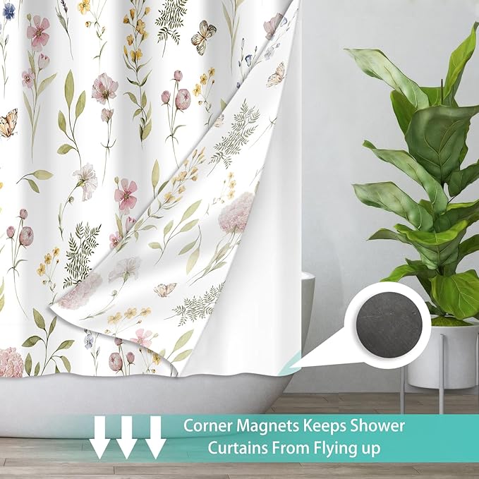 No Hook Shower Curtain Set with Snap in Fabric Liner for Bathroom,with See Through Top Window,Double Shower Curtain with Detachable Liner Replacement,Machine Washable,Floral,71x74inch